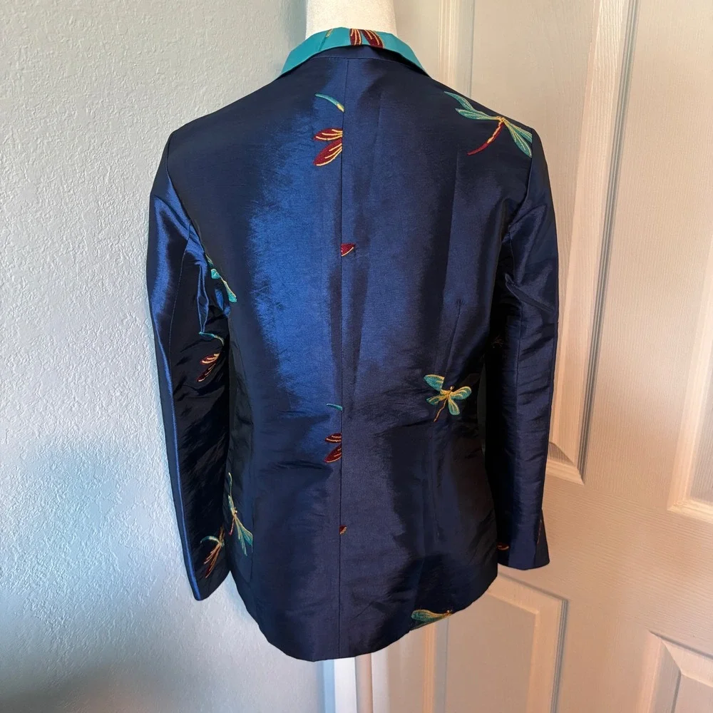Gump's Y2K Women's Chic Artisan Embroidered Dragonfly Navy Turquoise Jacket 6